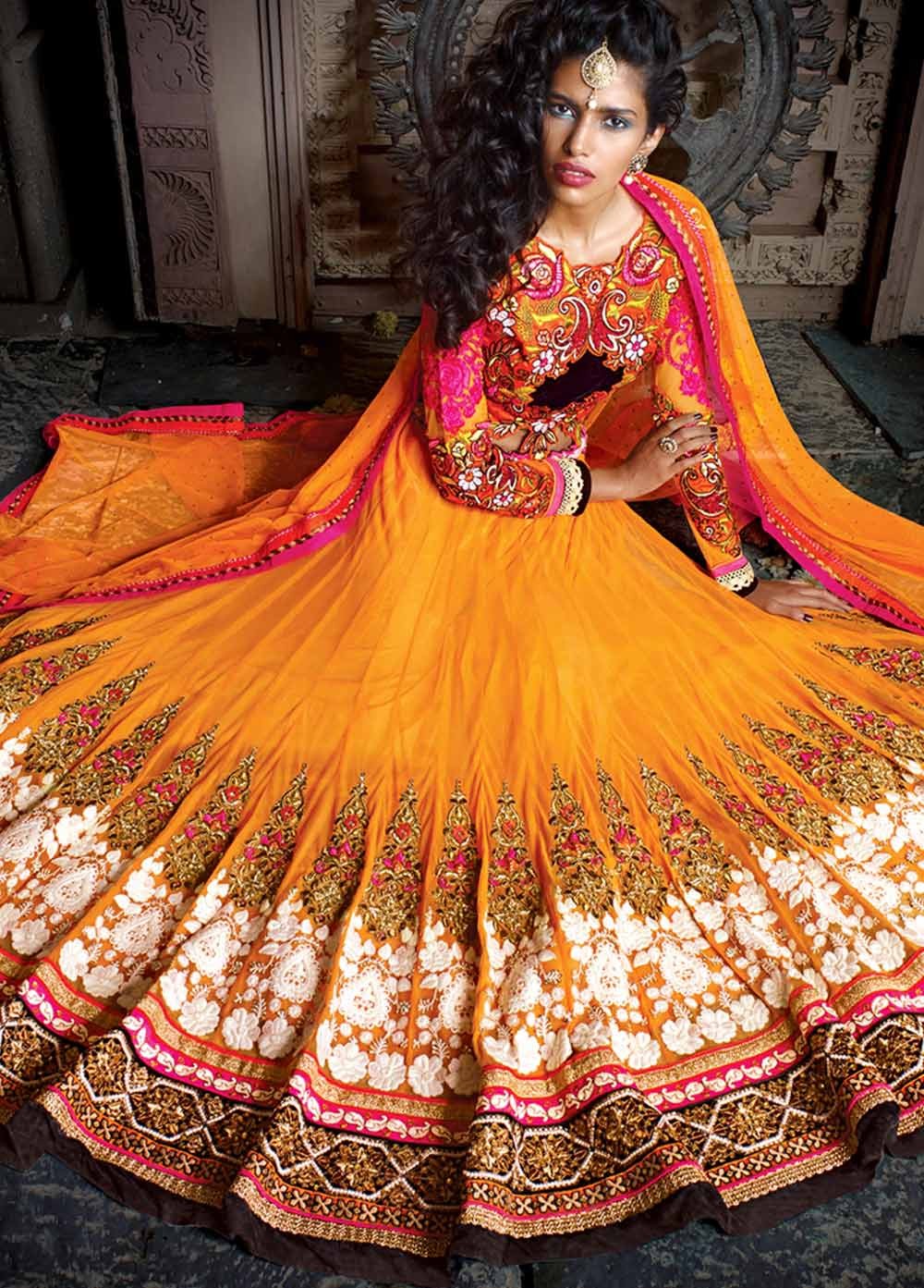 Buy Orange color gerogette designer wedding lehenga in UK, USA and Canada